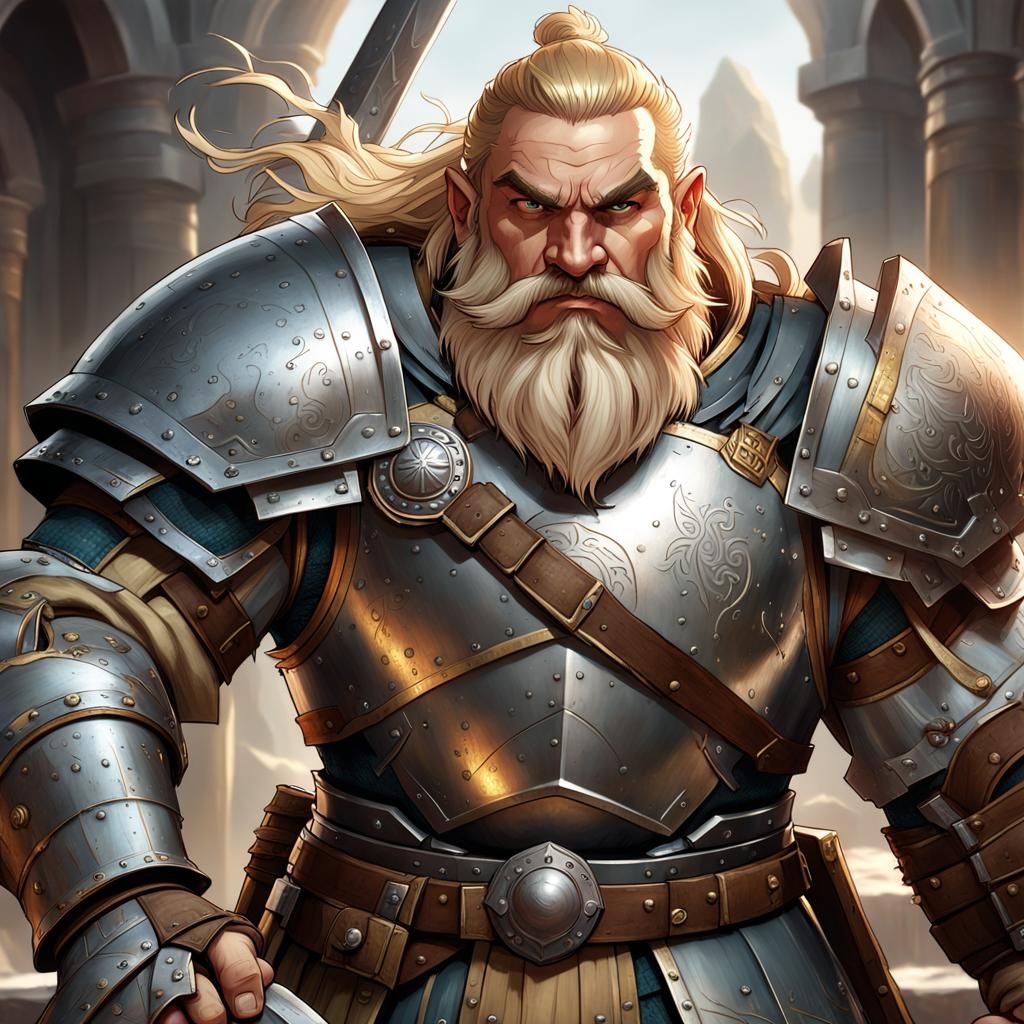 a young dwarf warrior with blond hair and a short, neat, bea...