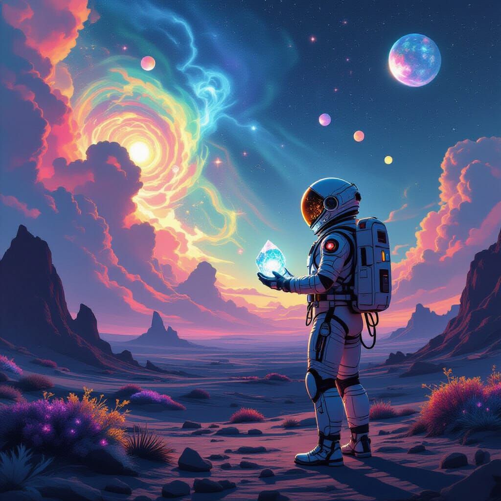 Explorer on Alien World Gazing at Cosmic Nebulae