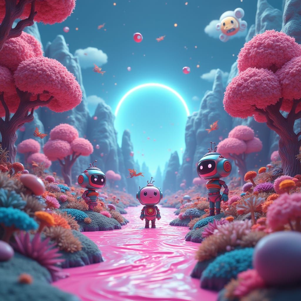 Surreal Digital Dreamscape with Cartoon Characters and Neon ...