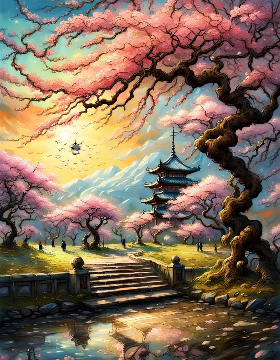 Hyperdetailed Japanese Park at Sunset in Rackham Style