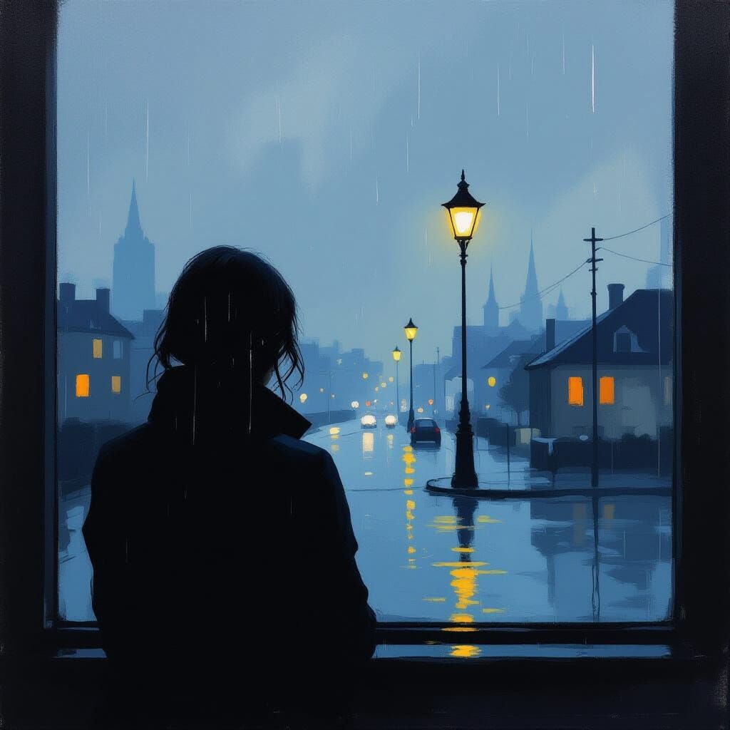 Figure at Window Gazing at Cityscape at Dusk