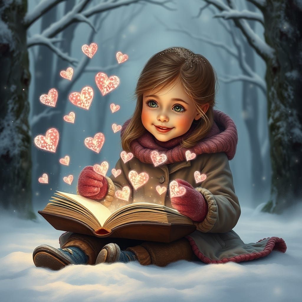 Whimsical Winter Wonderland Scene with Magical Hearts