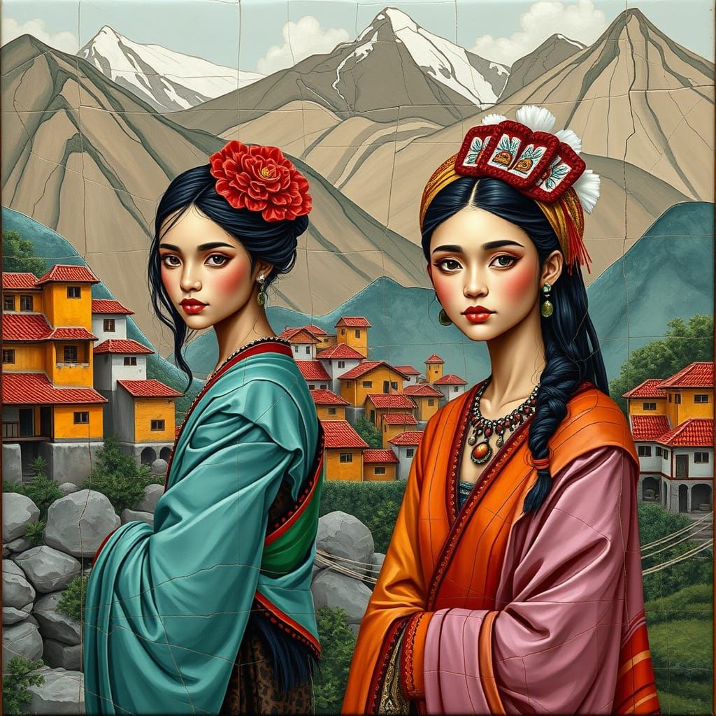 Mountain Village Women in Vibrant Abstract Portraiture