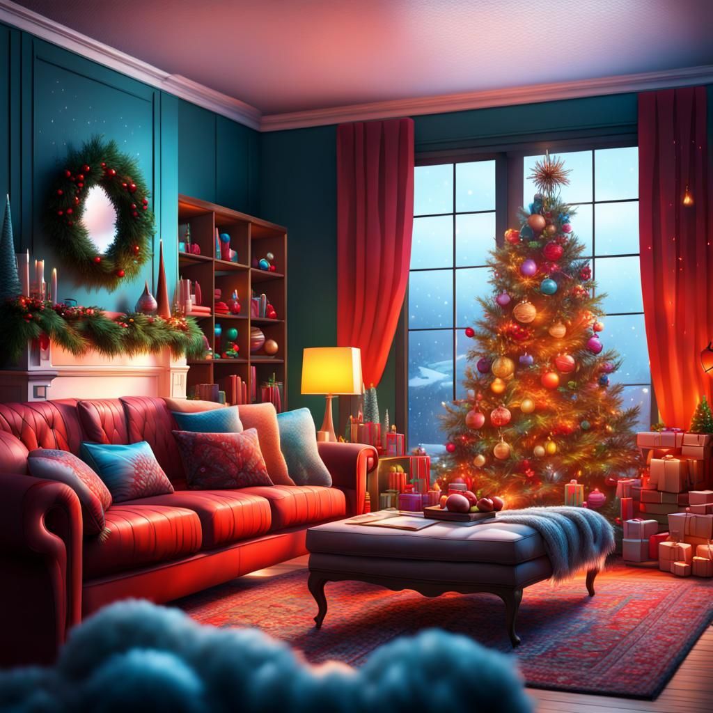 Cozy Christmas Living Room in Hyperrealistic Style
