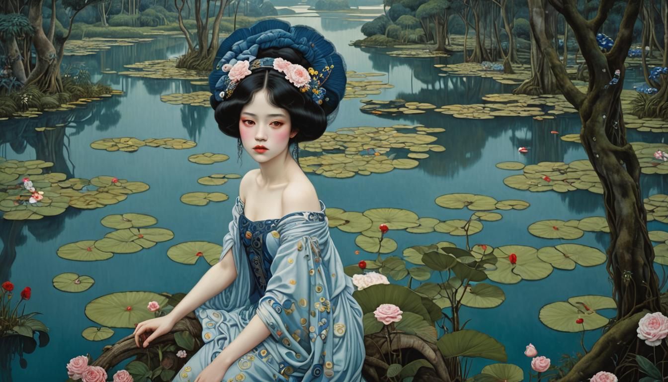 Blue Bayou Landscape in Art Nouveau Style