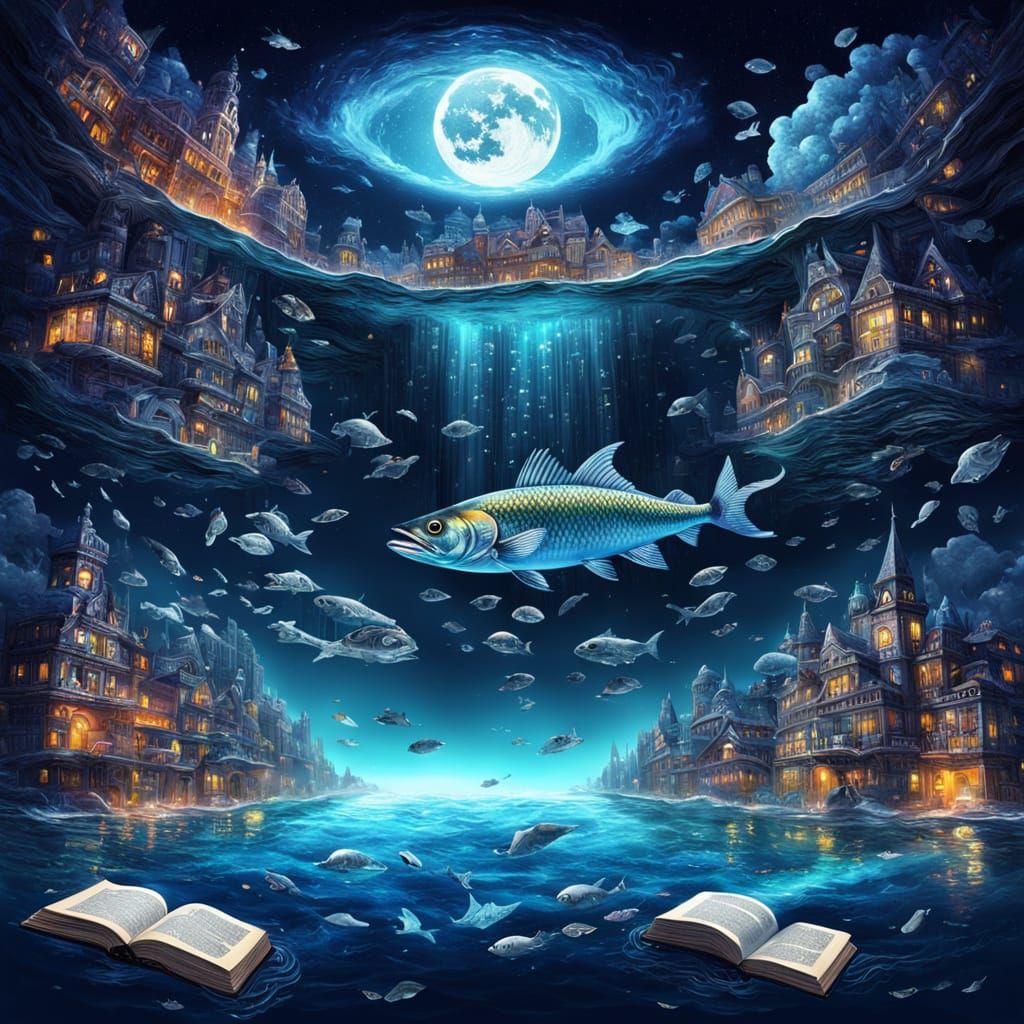 Surreal Inverted Ocean with Starry Sky Fish and Floating Cit...
