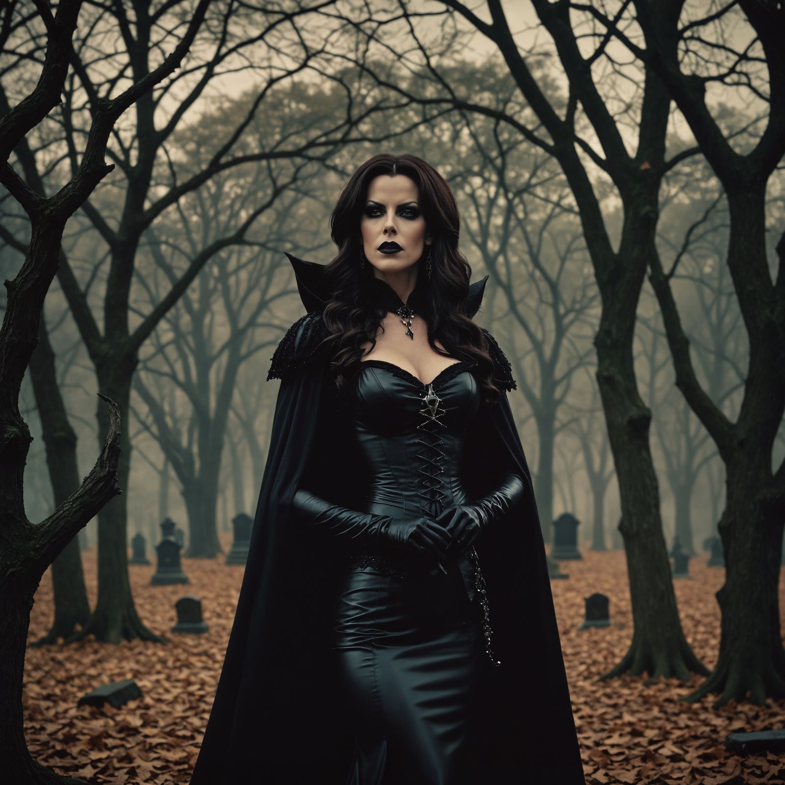 Elegant Gothic Wizardess Amidst a Samhain Halloween Backgrou...