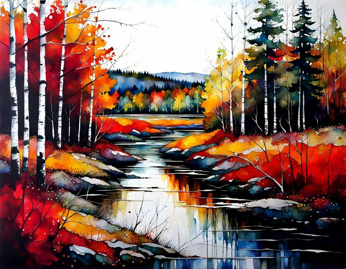 Autumn in New Brunswick: Encaustic Alcohol Ink Painting
