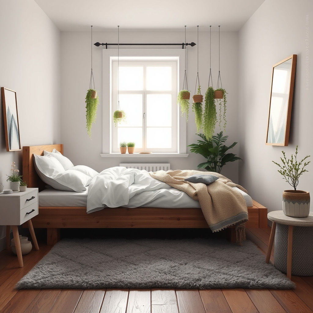 Cozy Scandinavian Bedroom with Hanging Plants