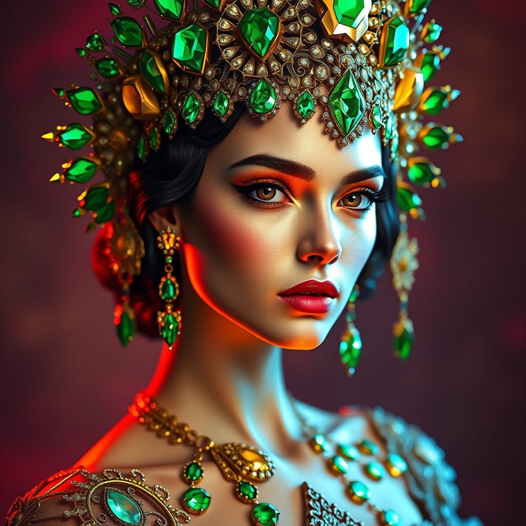 Regal Emerald Goddess in Vibrant, Triadic Splendor