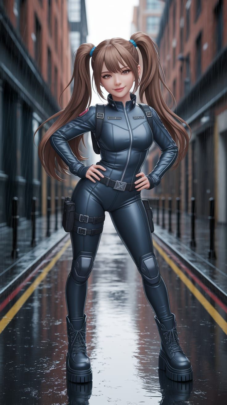 Confident Woman in Stealth Suit in Rainy Alleyway