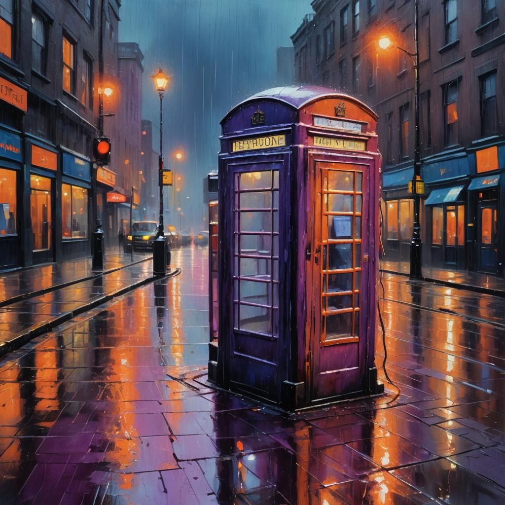 Rainy Night Phone Booth: Abstract Expressionist Oil Painting