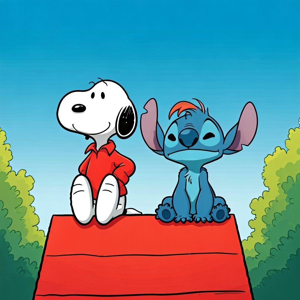 Snoopy, Alf, and Stitch in Whimsical Cartoon Style