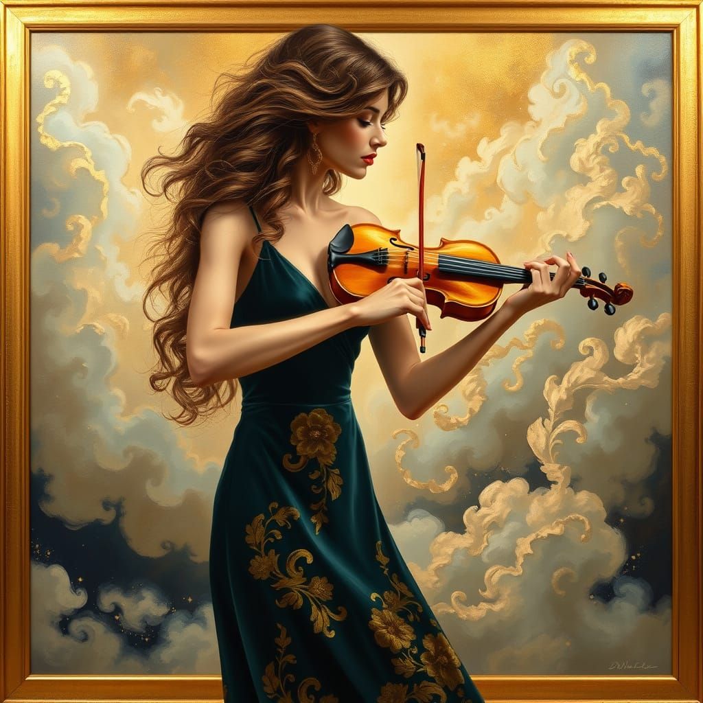 Ethereal Woman Plays Fiddle in Golden-Lit Dreamscapes