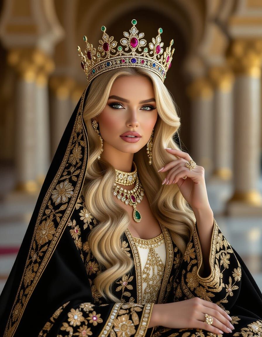 Majestic Blonde Royal in Opulent Abaya: Cinematic Fashion