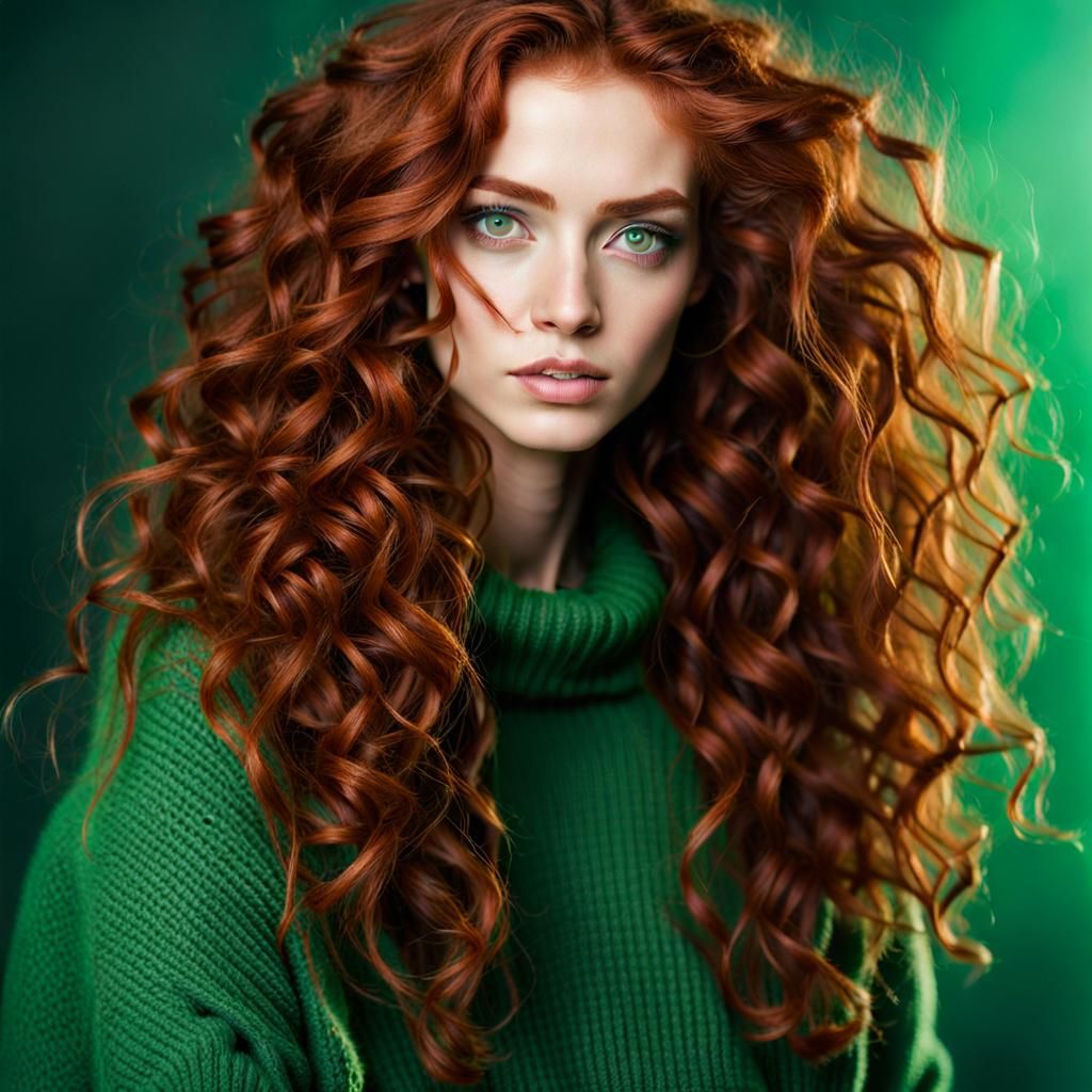 Ethereal Redhead with Azure Eyes in Green Sweater
