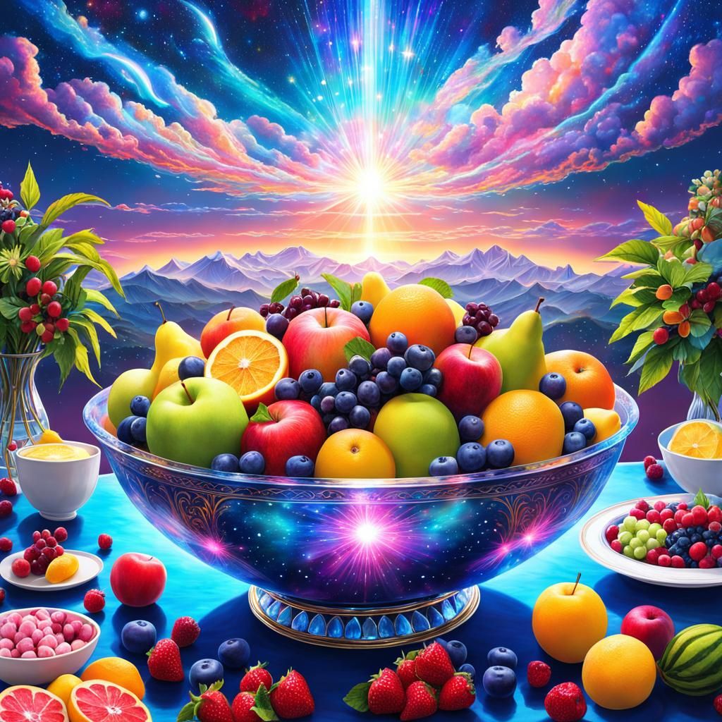 Radiant Fruit Bowl: A Cosmic Astral Illustration