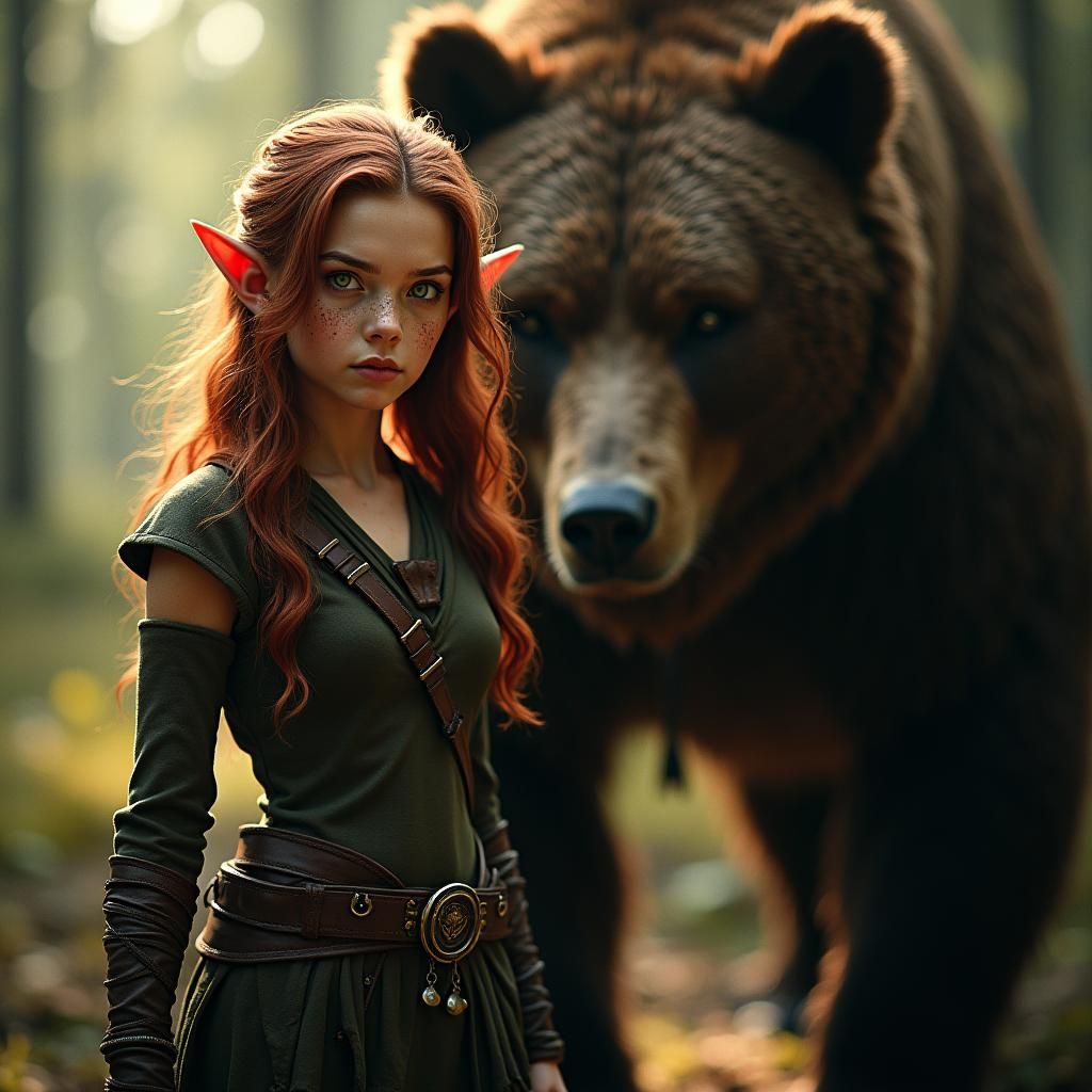 Elf with Bear Companion in Cinematic Style