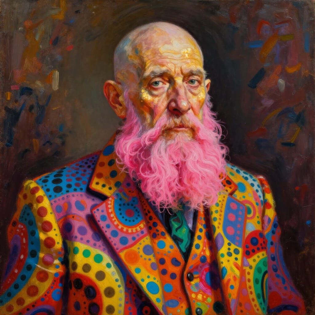 Wise Old Man with Vibrant Pink Beard in Colorful Suit
