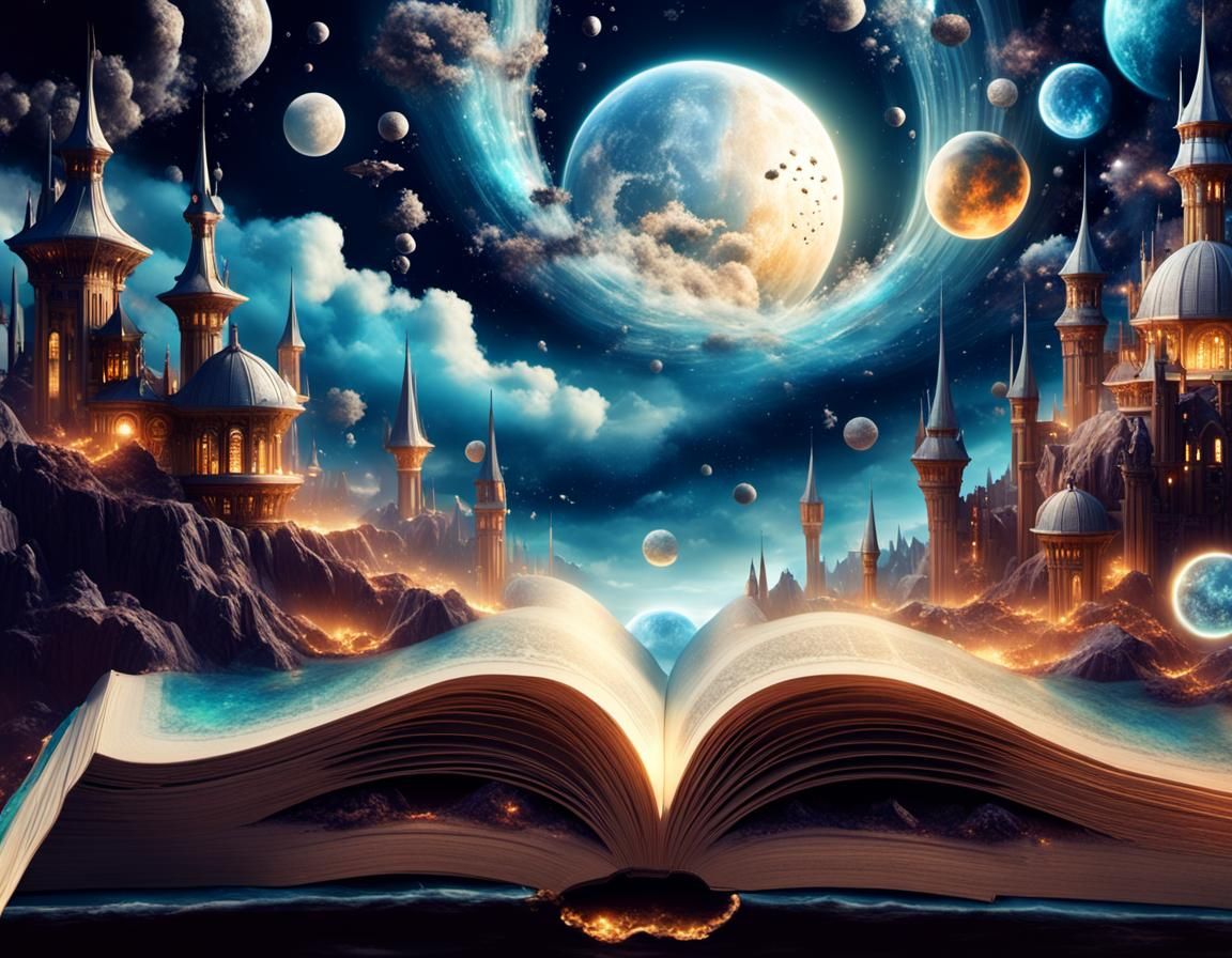 Worlds and Moons Emerge From Book, Detailed Digital Painting