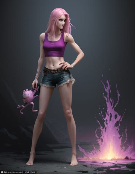 Hyperrealistic Woman Hugs Pink Panther in Dark Fantasy Art