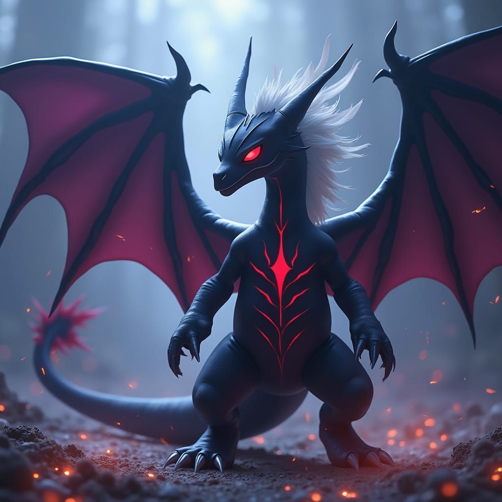 Darkrai-Charizard Hybrid with Shadowflame, in Anime Style
