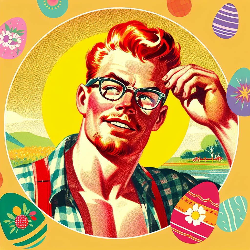 Retro 1950s Redhead Farmer with Easter Eggs