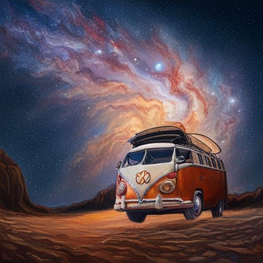 VW Bus Soaring Through Space as Oil Painting