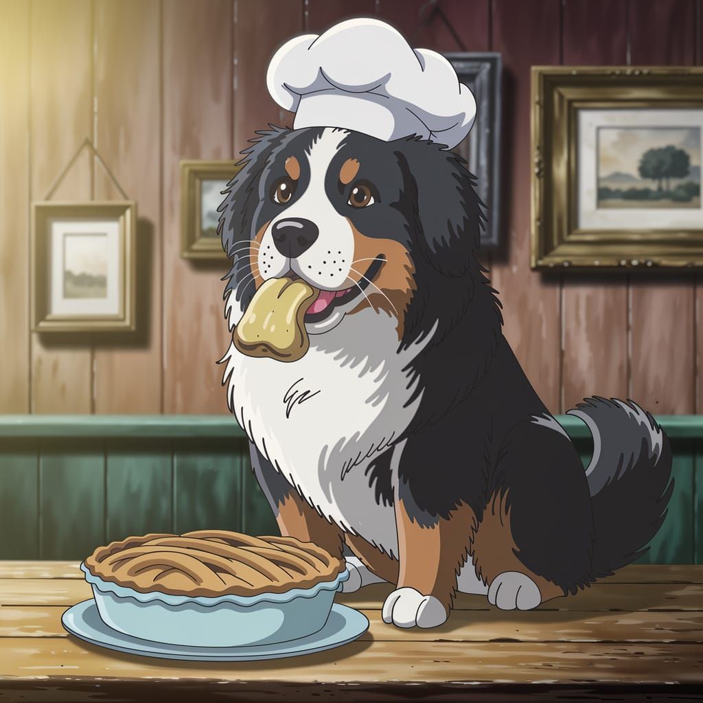 Charming Chef Dog in Cozy Anime-Inspired Setting