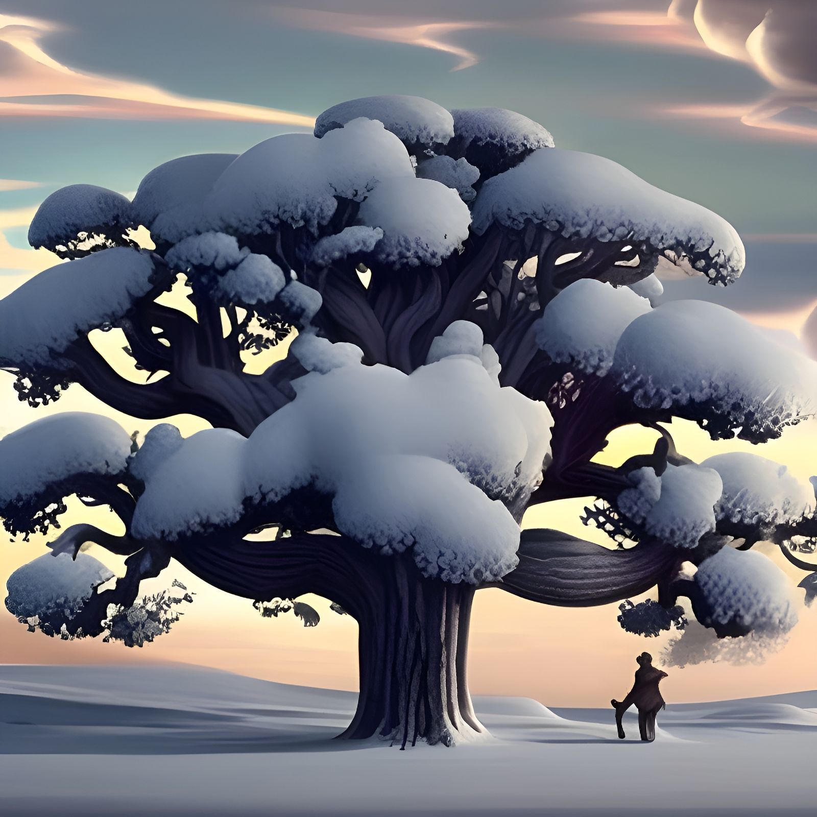 Snow Covered Tree at Sunset: Digital Matte Painting