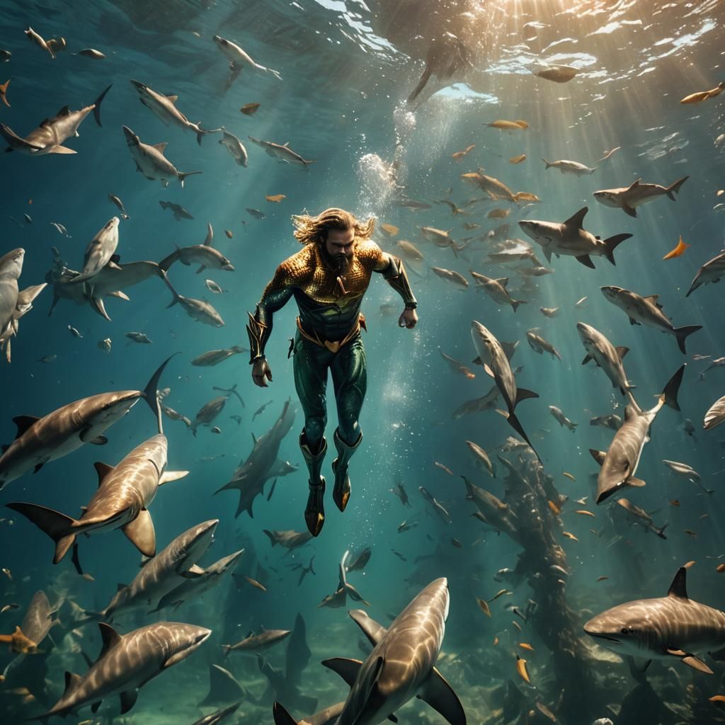 Aquaman Underwater with Sharks in Cinematic Style