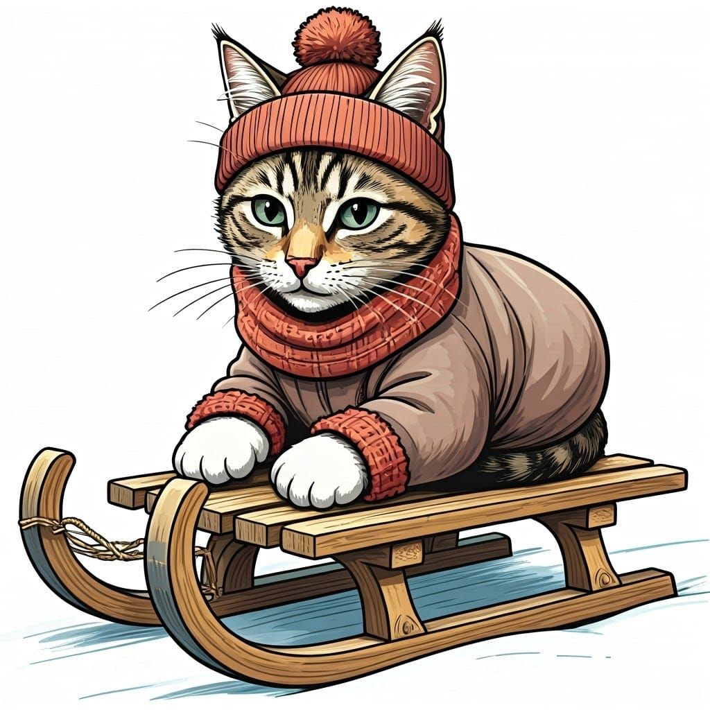 Charming Tabby Kitten Sways on Vintage Toboggan in Whimsical...