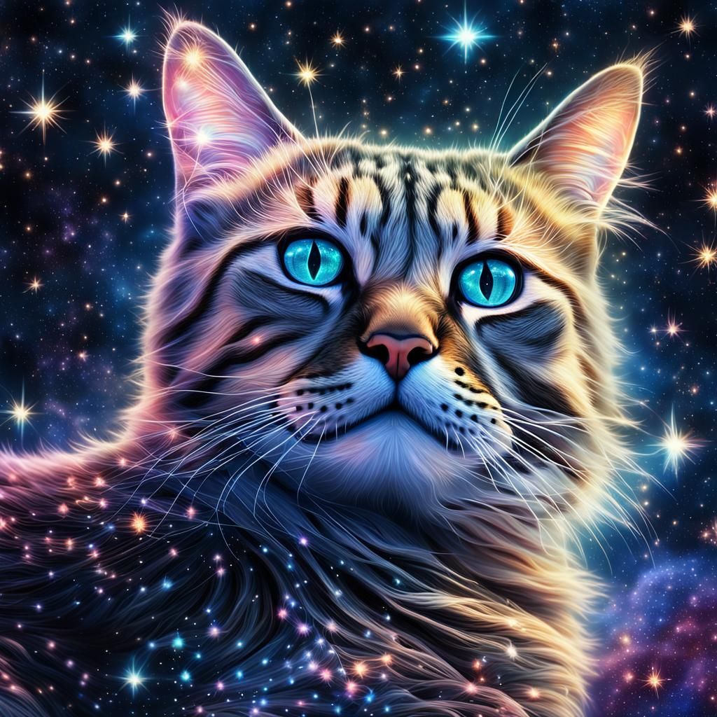 Ethereal Cat Spirit Ascending to Starry Night Sky