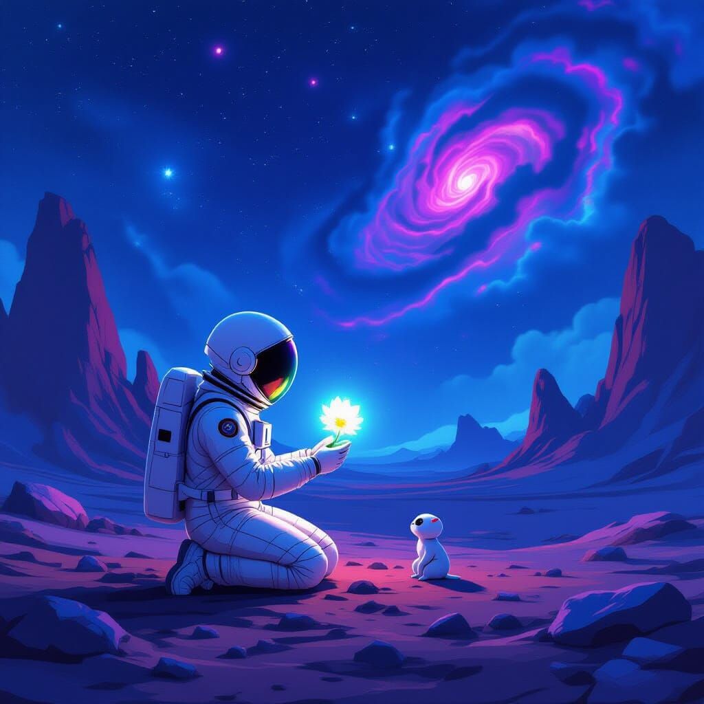 Astronaut Offers Bioluminescent Flower on Alien World