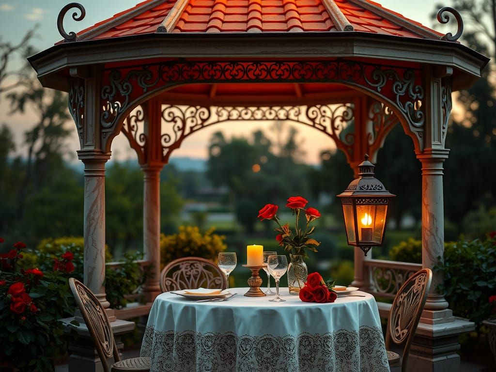 Romantic Vintage Gazebo Dinner Scene in Warm, Golden Light