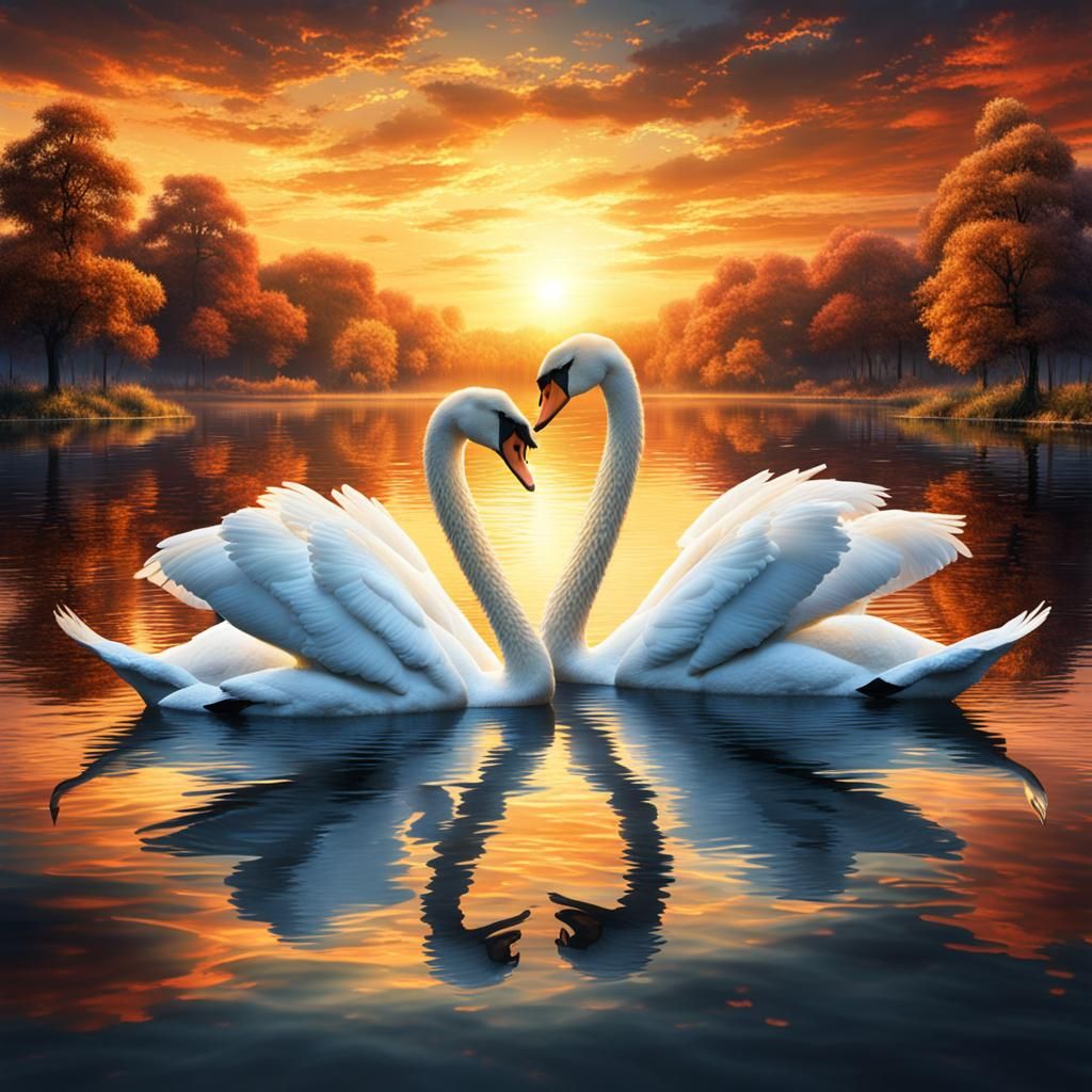 Swans in Love: Sunset on Shimmering Lake