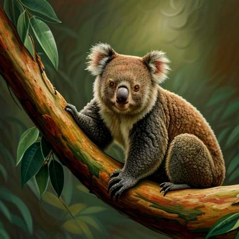 Koala in Eucalyptus Tree as Impasto Oil Painting