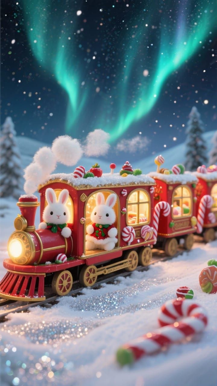 Cute Christmas Bunnies on Candy Train with Aurora Borealis