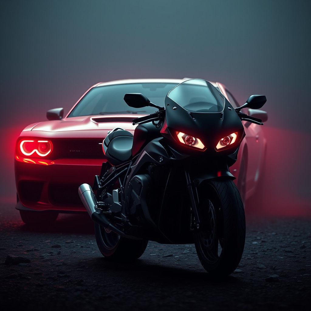 Menacing Motorcycle and Car in Eerie Fantasy Style