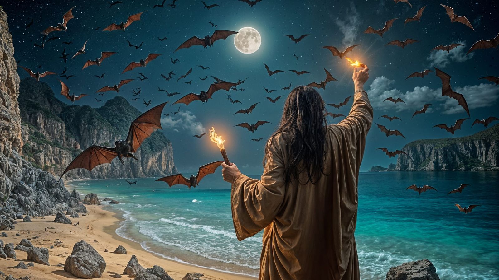 Al Hoceima Beach Bat Swarm in Dark Fantasy Style
