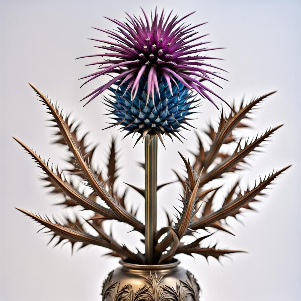 Hyperrealistic Metal Thistle Statue in Macintosh Vase