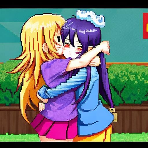 Anime Girls Hugging in Pixel Art Style