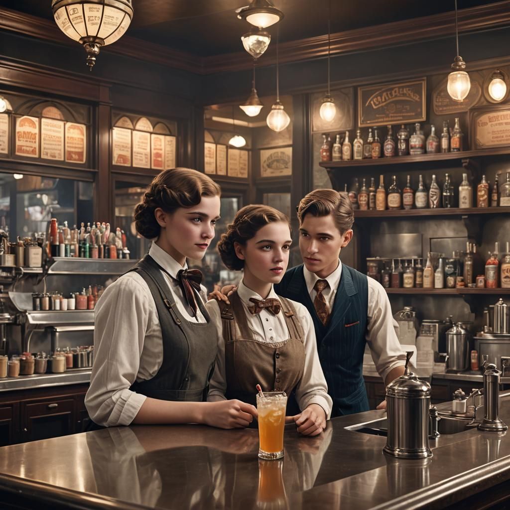 Early 1920 five and dime soda fountain with a dapper young e...