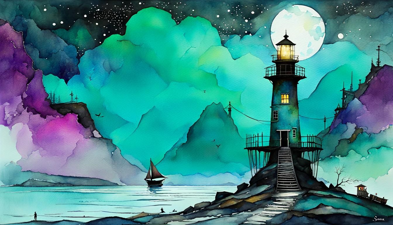 Ghost Ship by Lighthouse: Eerie Matte Painting