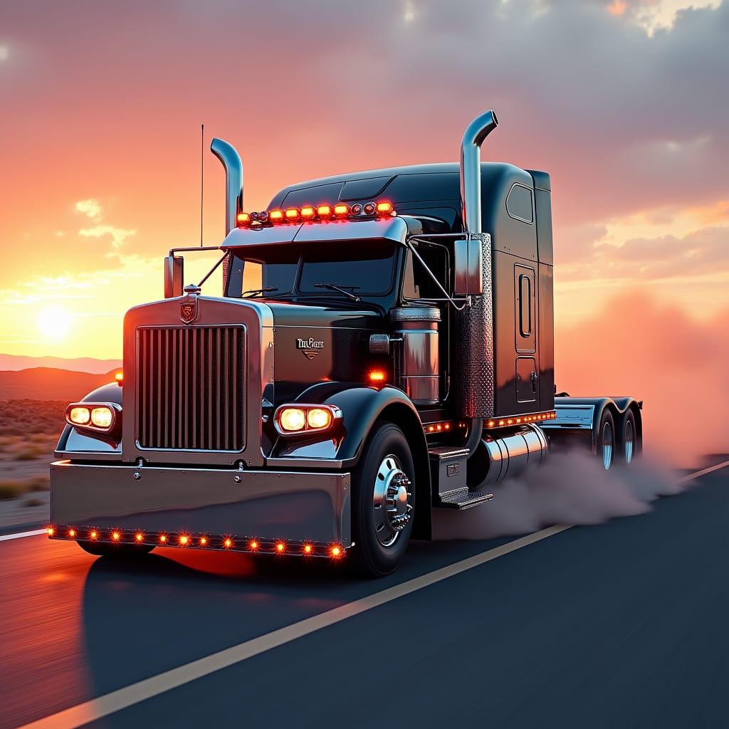 Truck Speeds Down Highway at Sunset