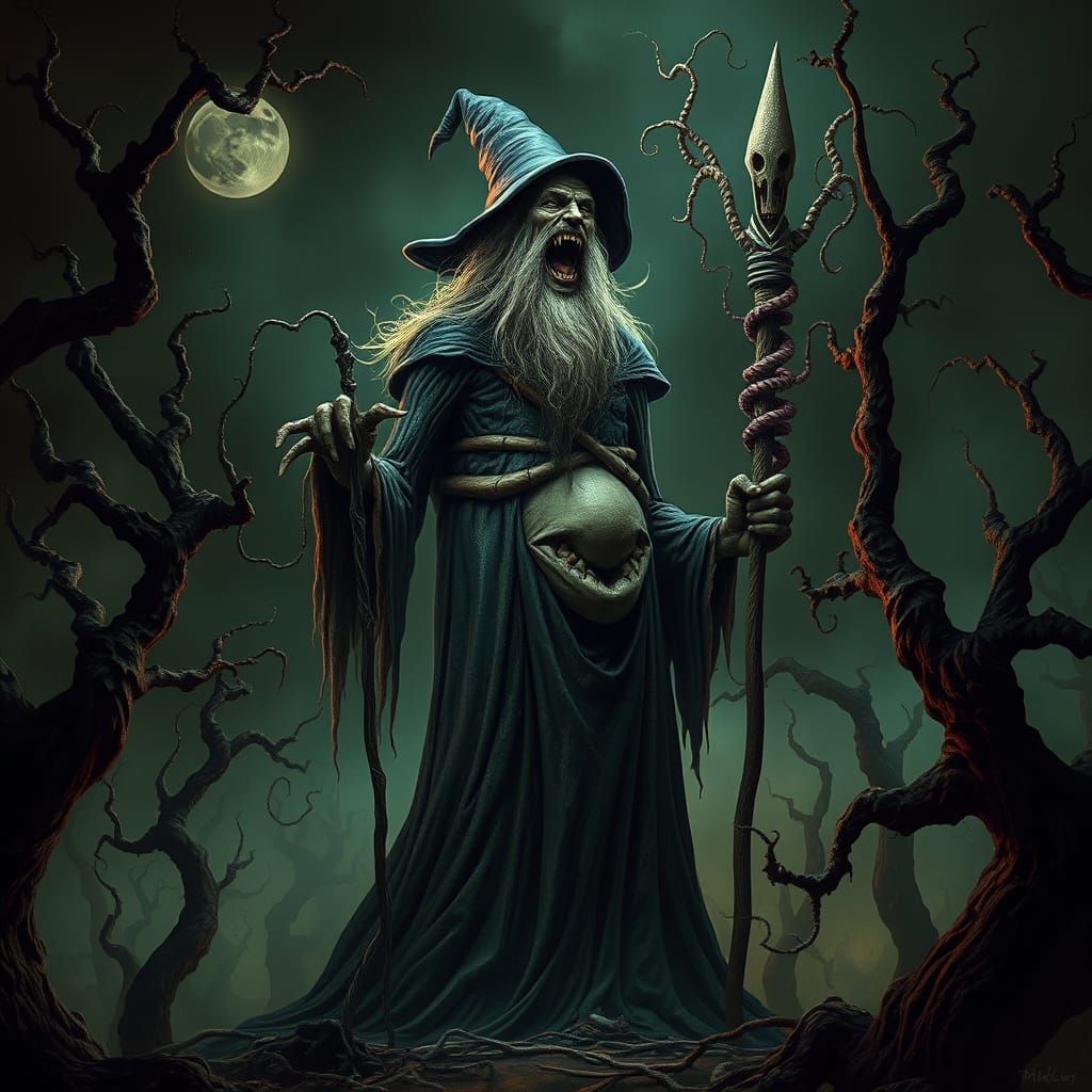 Sludgy Wizard in Dark Gothic Biomechanical Scene