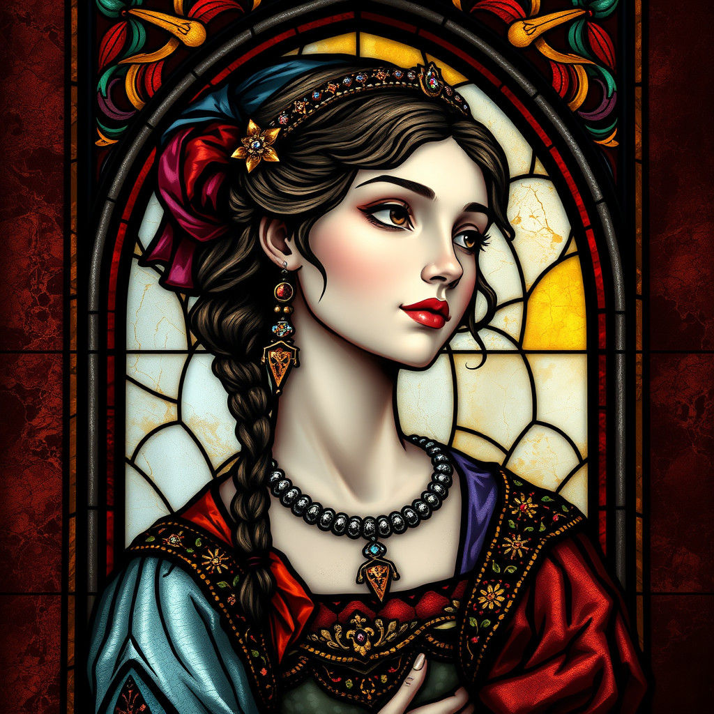 Medieval Woman in Stained Glass with Kintsugi Accents