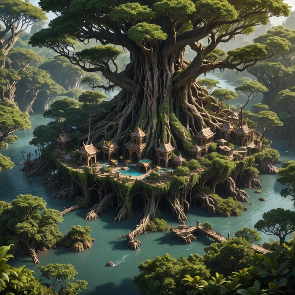 Lively Elven City in Giant Mangrove Tree