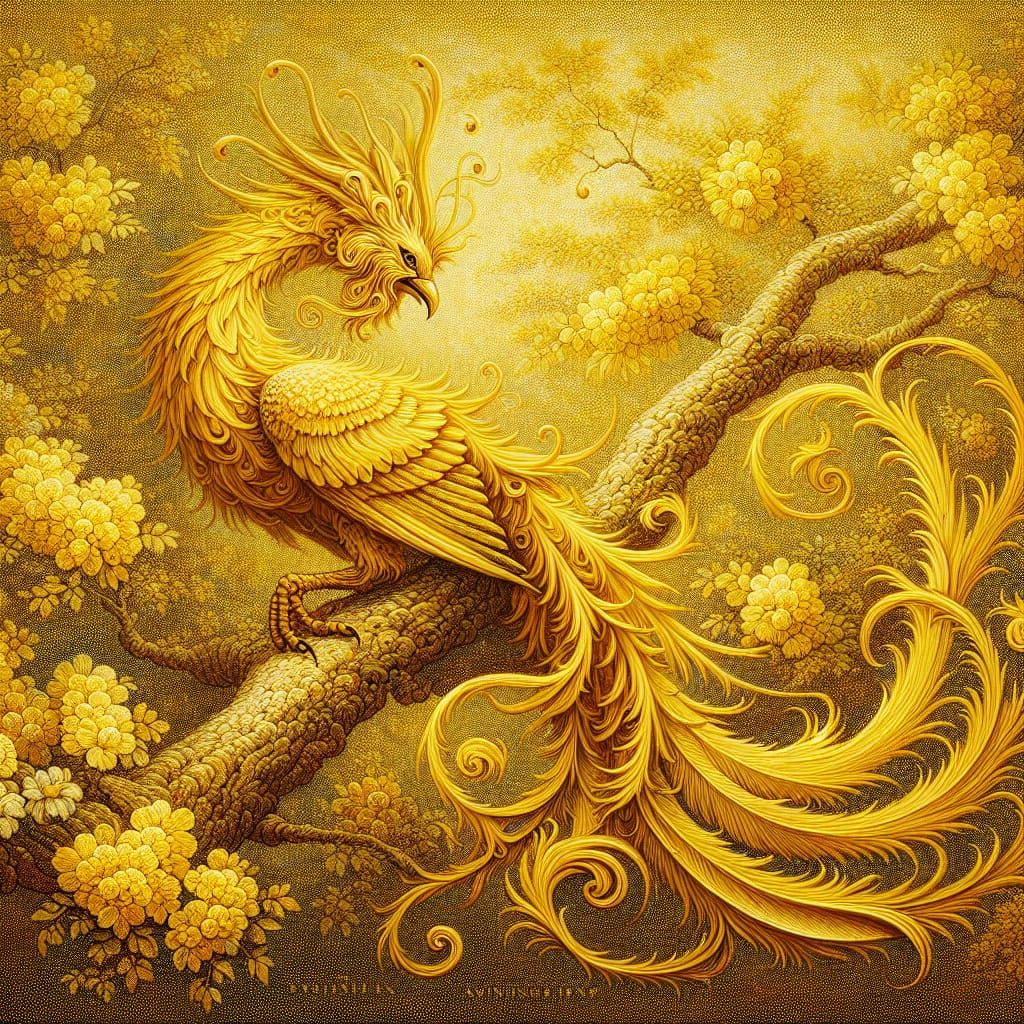 Mythical Ornate Yellow Bird in 1800s Oil Painting Style