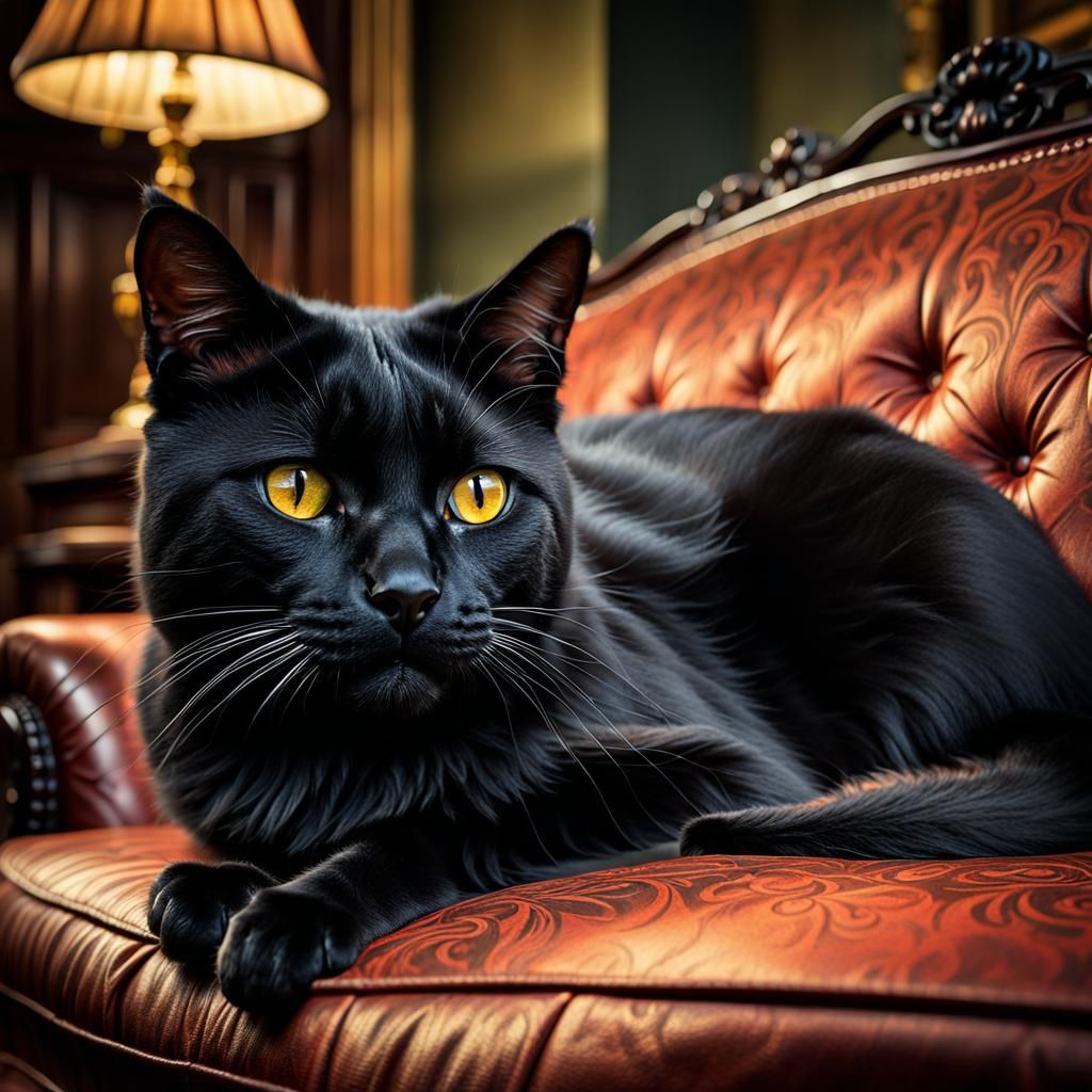 Hyperrealistic Black Cat Lounging in Parlor